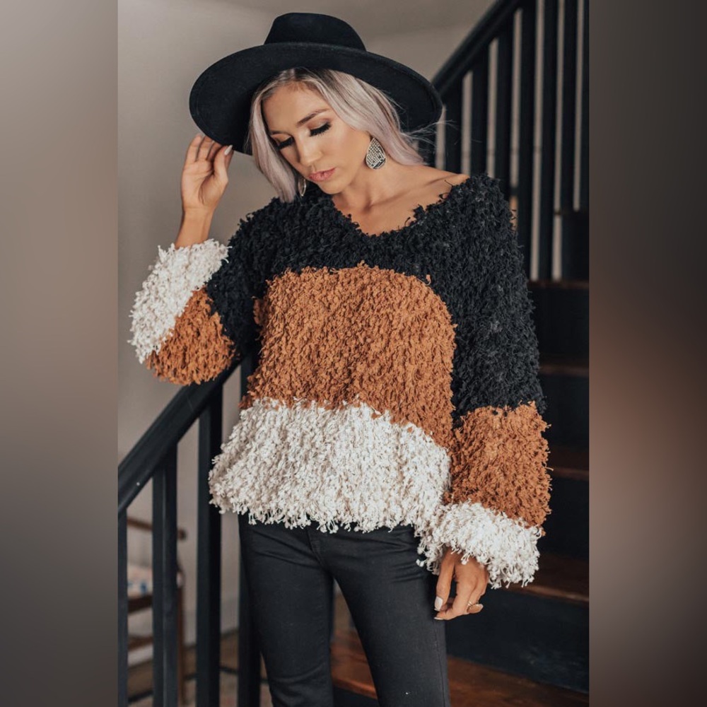 Blu Pepper Colorblock Shag Knit Sweater Black Brown Boxy V-Neck Bishop Sleeve